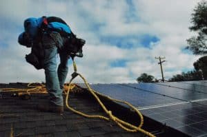 Residential Roofing Services Shoreview MN - Worker Tied Off on Roof
