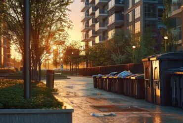 a sleek, orderly apartment complex is depicted at dusk, with a team of valets efficiently collecting neatly organized trash bins from doorsteps under soft, ambient lighting that highlights their professionalism and the convenience of valet trash services.